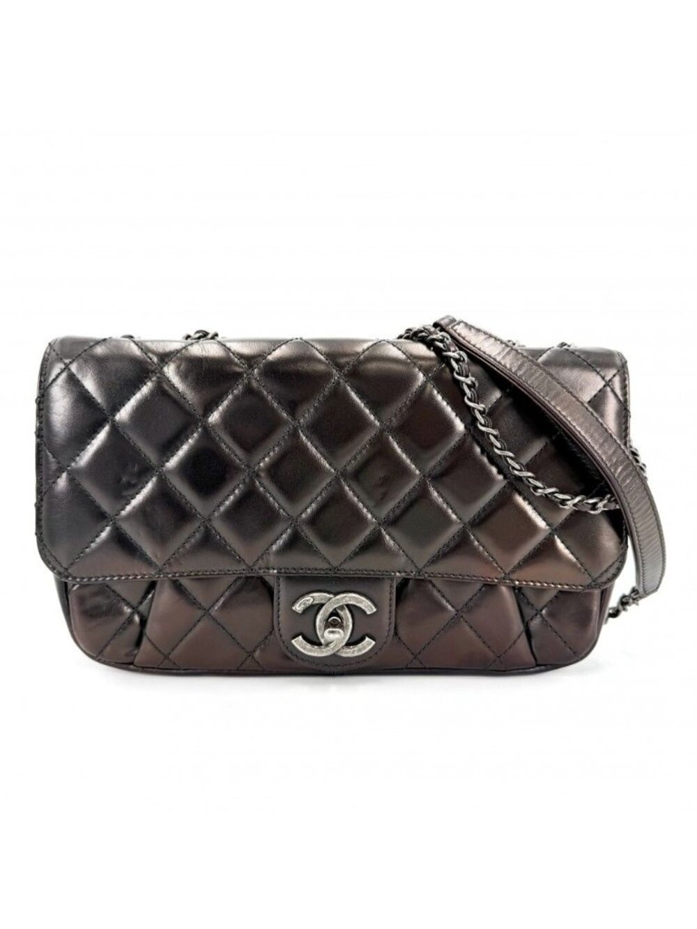 Chanel Shoulder Bag Quilted CC Logo Double Chain Crossbody Leather Brown Matte